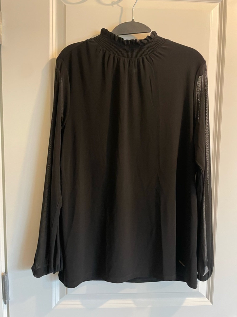 Anne Klein Black Smocked Ruffle Neck Long-Sleeve Blouse